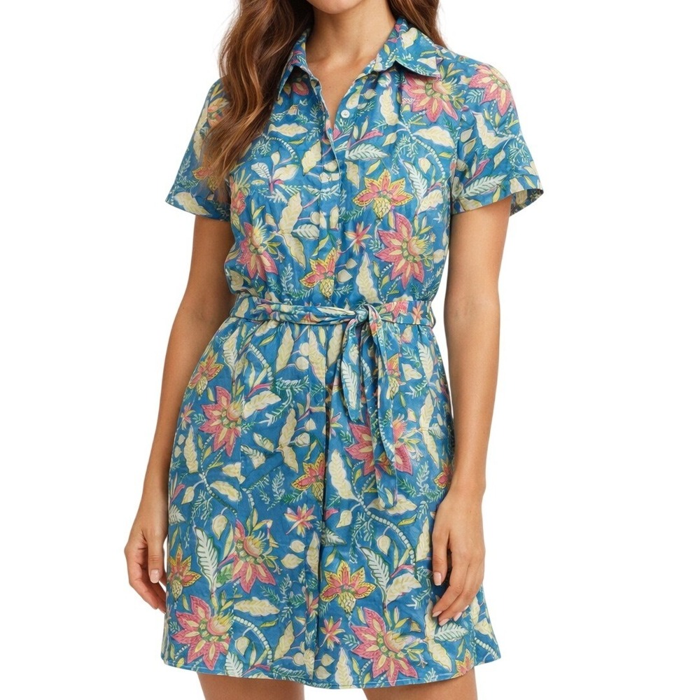 Fitzroy & Willa Blue Floral Tropical Cotton Short Sleeve Belted Shirt Dress  XS